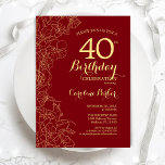 Invitation Red Gold Floral 40e fête d'anniversaire<br><div class="desc">Red Gold Floral 40th Birthday Party Invitation. Design moderne minimaliste avec accents de dessin botanique, fausse feuille d'or et police de script de typographie. Carte invitation simple et tendance, parfaite pour une célébration anniversaire élégante. Peut être customisé à n'importe quel âge. Invitations Zazzle imprimées ou téléchargement instantané modèle imprimable numérique....</div>