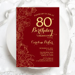 Invitation Red Gold Floral 80e fête d'anniversaire<br><div class="desc">Red Gold Floral 80th Birthday Party Invitation. Design moderne minimaliste avec accents de dessin botanique, fausse feuille d'or et police de script de typographie. Carte invitation simple et tendance, parfaite pour une célébration anniversaire élégante. Peut être customisé à n'importe quel âge. Invitations Zazzle imprimées ou téléchargement instantané modèle imprimable numérique....</div>