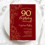 Invitation Red Gold Floral 90e fête d'anniversaire<br><div class="desc">Red Gold Floral 90th Birthday Party Invitation. Design moderne minimaliste avec accents de dessin botanique, fausse feuille d'or et police de script de typographie. Carte invitation simple et tendance, parfaite pour une célébration anniversaire élégante. Peut être customisé à n'importe quel âge. Invitations Zazzle imprimées ou téléchargement instantané modèle imprimable numérique....</div>