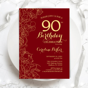 Invitation Red Gold Floral 90e fête d'anniversaire