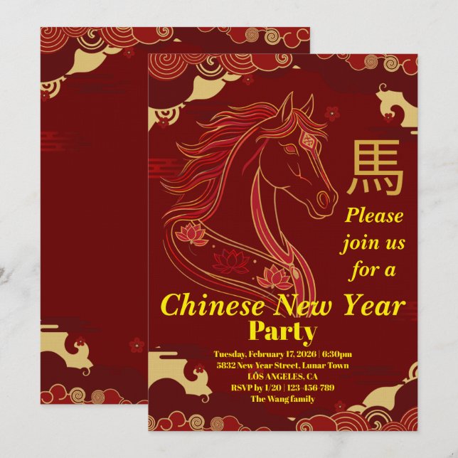 Invitation Red & Gold Happy Chinese year of the Horse  (Devant / Derrière)