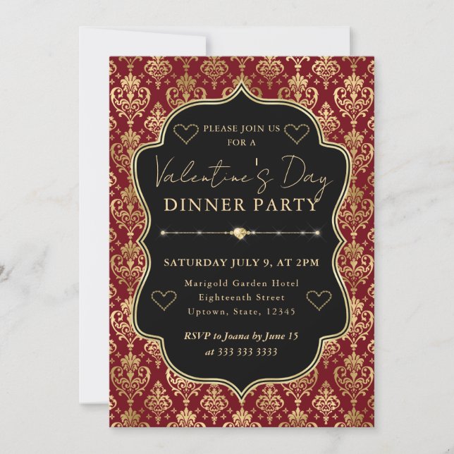 Invitation Red & Gold Heart Damask Valentine's Dinner Party (Devant)