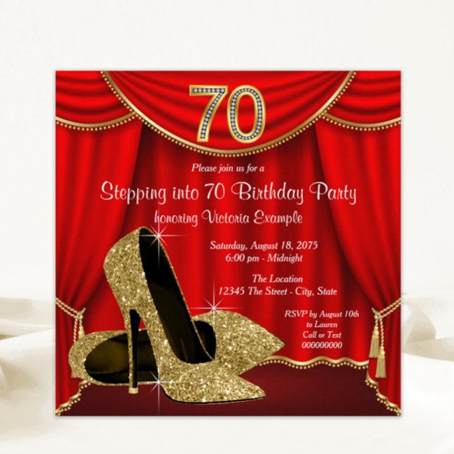 Invitation Red Gold High Heel Stepping dans 70 fête d'anniver (Elegant red and gold shoes 70th birthday party invitation. Simply add your event details.)