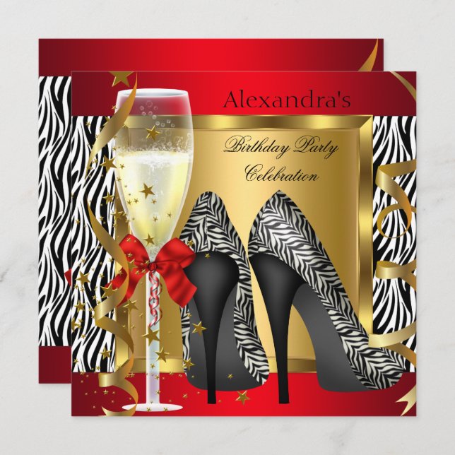 Invitation Red Gold High Heels Zebra Champagne Anniversaire (Devant / Derrière)