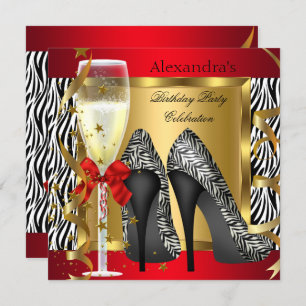 Invitation Red Gold High Heels Zebra Champagne Anniversaire