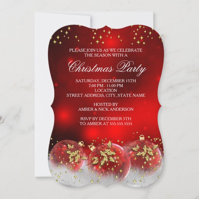 Invitation Red Gold Holly Baubles Noël Fête de Noël (Devant)