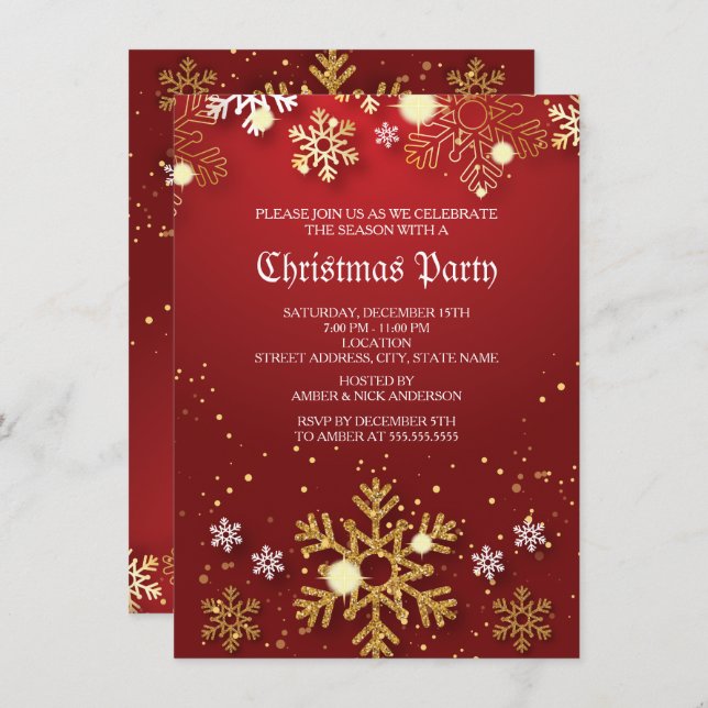 Invitation Red Gold Holly Baubles Noël Fête de Noël (Devant / Derrière)