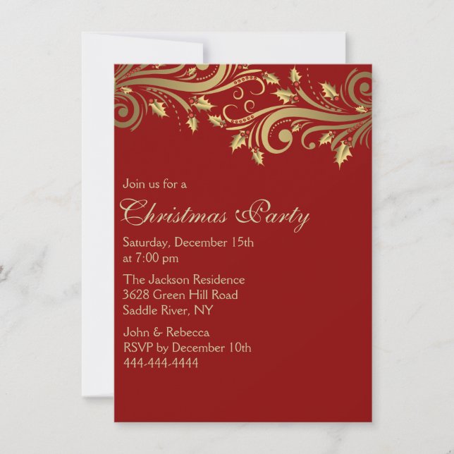 Invitation Red & Gold Holly Flourish Christmas Party Invitati (Devant)