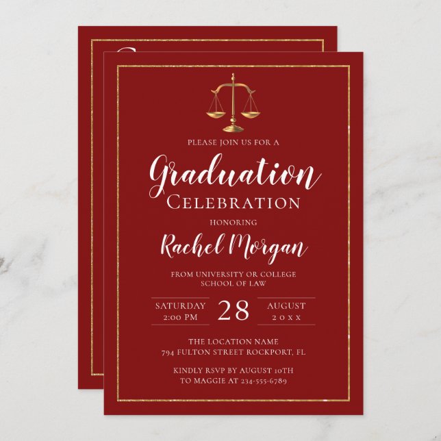 Invitation Red Gold Justice Law School Graduation Photo (Devant / Derrière)