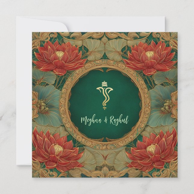 Invitation Red Gold Lotus Green Indian Ganesh Mariage (Devant)