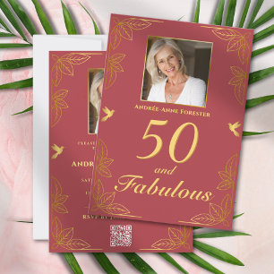Invitation Red Gold moderne 50 Fabulous QR Code Anniversaire