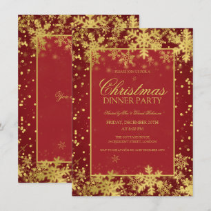 Invitation Red Gold Noël Dinner Party Winter Snowflics