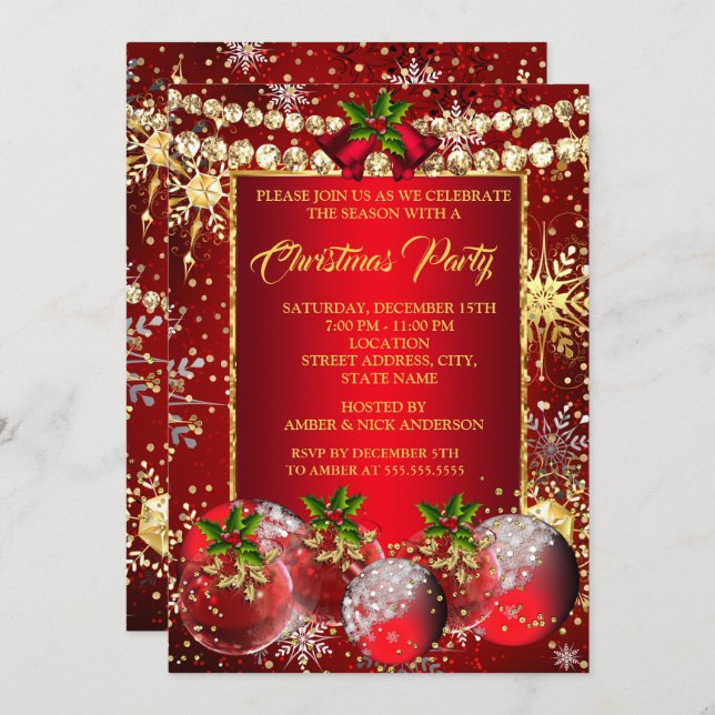 Invitation Red Gold Noël Fête Baubles Holly (Devant / Derrière)