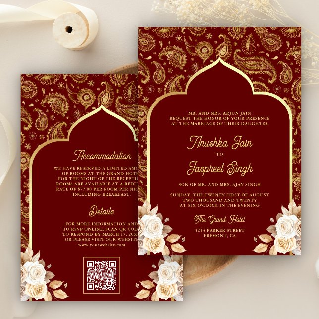 Invitation Red Gold Paisley Floral QR Code Mariage indien (Créateur téléchargé)