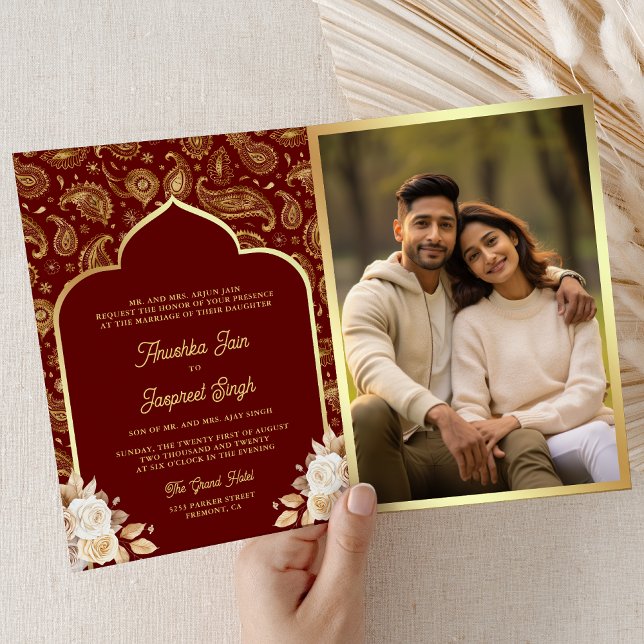 Invitation Red Gold Paisley Floral QR Code Mariage indien (Inside)