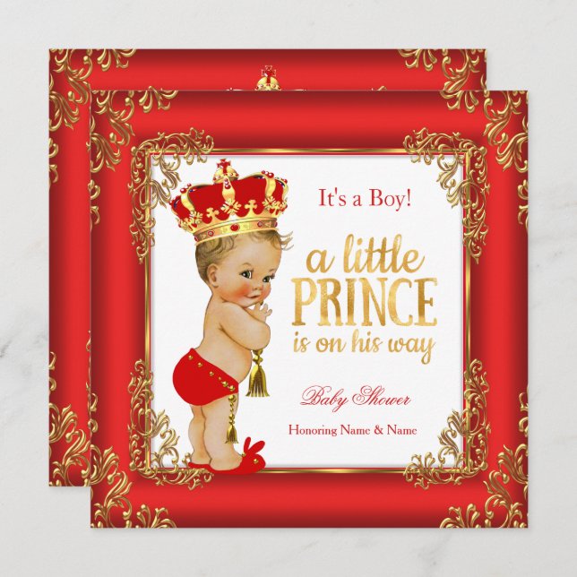Invitation Red Gold Prince Baby shower Damask Blonde Boy (Devant / Derrière)