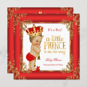 Invitation Red Gold Prince Baby shower Damask Blonde Boy