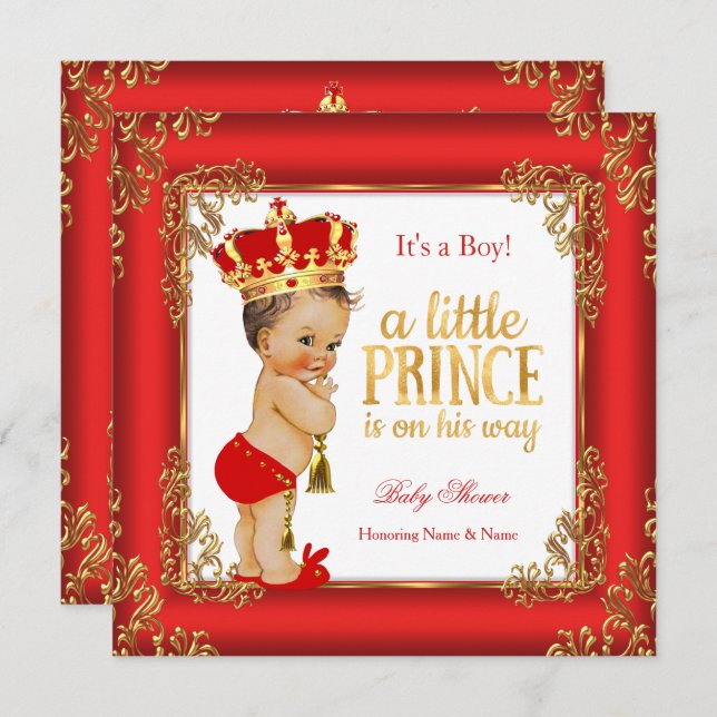 Invitation Red Gold Prince Baby shower Damask Brunette Boy (Devant / Derrière)