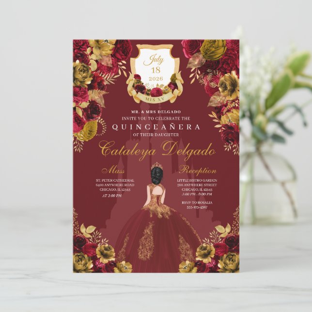 Invitation Red & Gold Princess Castle Quinceañera (Debout devant)