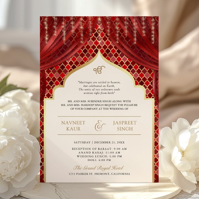 Invitation Red Gold Quatrefoil QR Code Sikh Mariage (Créateur téléchargé)