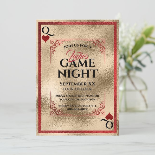 Invitation Red & Gold Queen of Hearts Dames Game Night (Debout devant)
