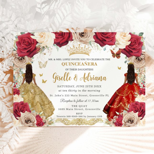 Invitation Red Gold Rose Floral Twins Quinceañera 15 XV (Créateur téléchargé)