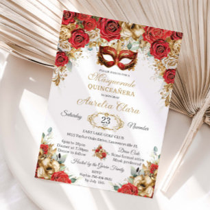 Invitation Red Gold Roses Floral Bal Masqué Quinceanera 