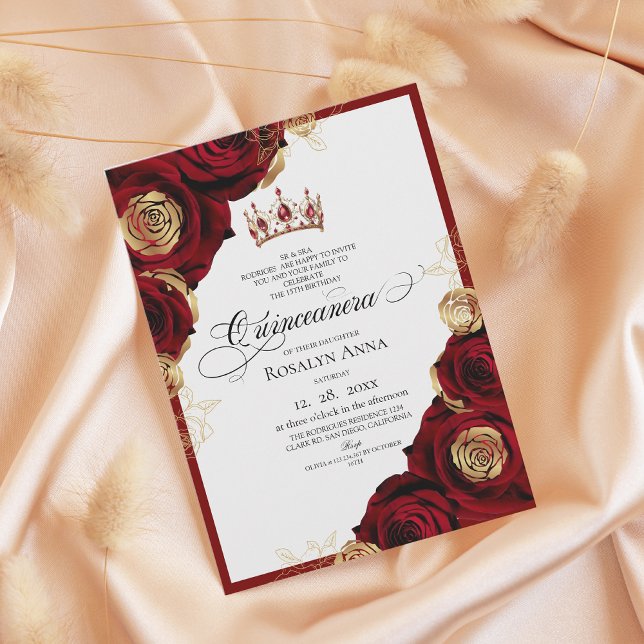 Invitation Red Gold Roses Princess Quinceañera  (Créateur téléchargé)