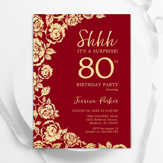 Invitation Red Gold Roses surprise 80e anniversaire (Créateur téléchargé)