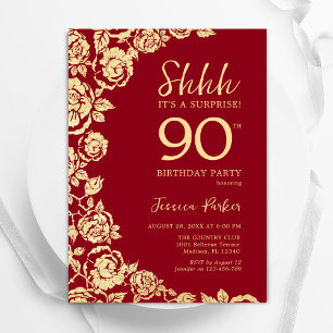 Invitation Red Gold Roses surprise 90e anniversaire