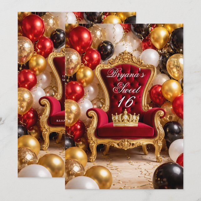 Invitation Red & Gold Royal Chair & Crown Birthday Party (Devant / Derrière)