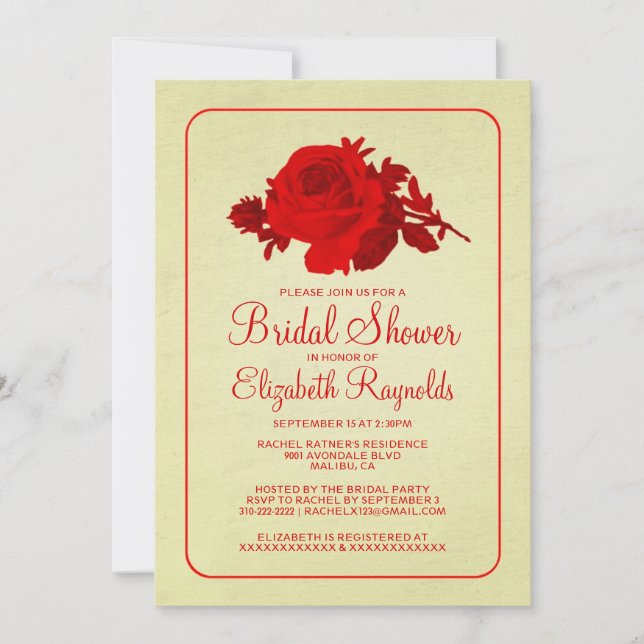 Invitation Red Gold Rustic Floral/Flower Bridal Shower Invite (Devant)