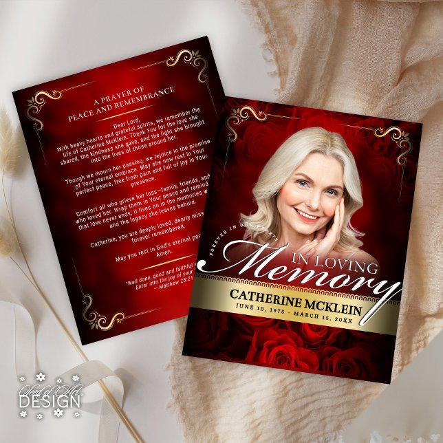 Invitation Red & Gold Vintage Roses Obituary Prayer Card (Créateur téléchargé)