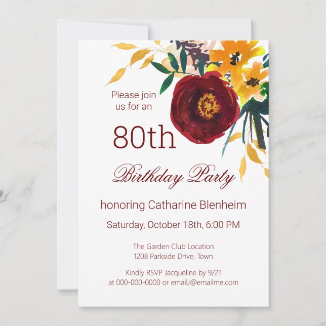 Invitation Red + Gold Watercolor Floral 80e fête d'anniversai (Devant)