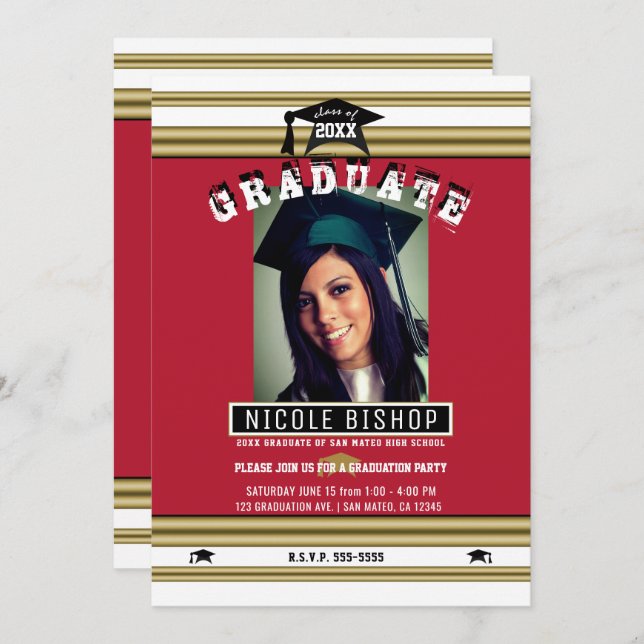Invitation Red Gold White Elegant Photo Graduation Party (Devant / Derrière)