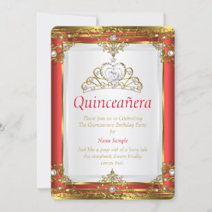 Invitation Red Gold White Pearl Princess Quinceanera