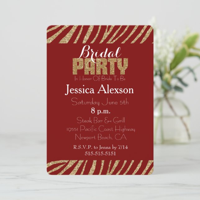 Invitation Red Gold Zebra Print Faux Parties scintillant Fête (Debout devant)