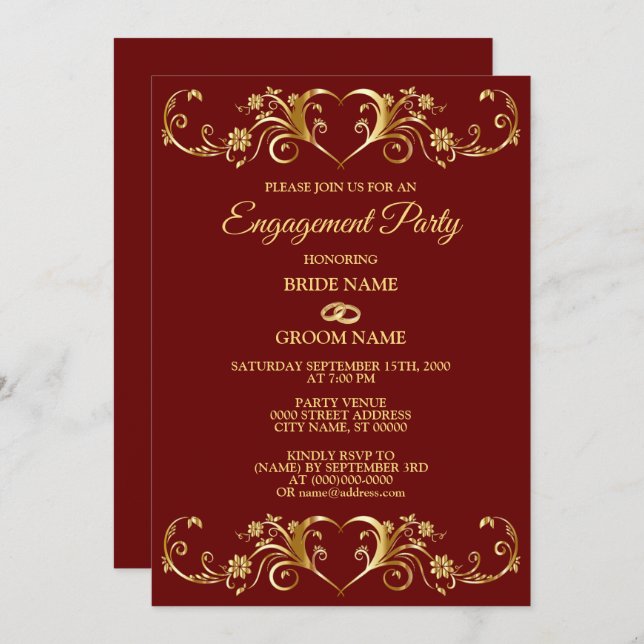 Invitation Red Golden Geometric Elegant Engagement Party (Devant / Derrière)