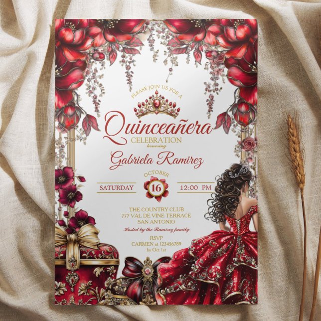 Invitation Red Golden Tiara Floral  Quinceañera (Créateur téléchargé)