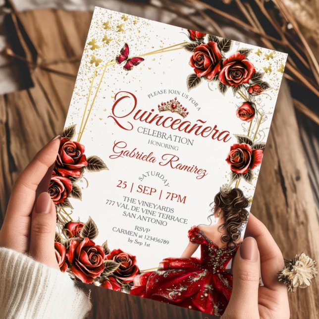 Invitation Red Golden Tiara Roses Butterfly Quinceañera (Créateur téléchargé)