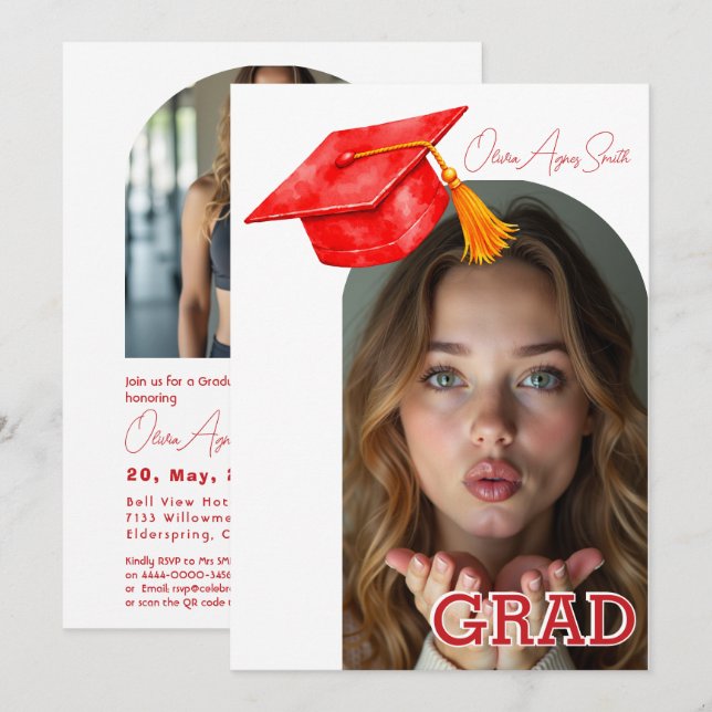 Invitation Red Graduation Hat Accent Dual‑Photo QR Code (Devant / Derrière)