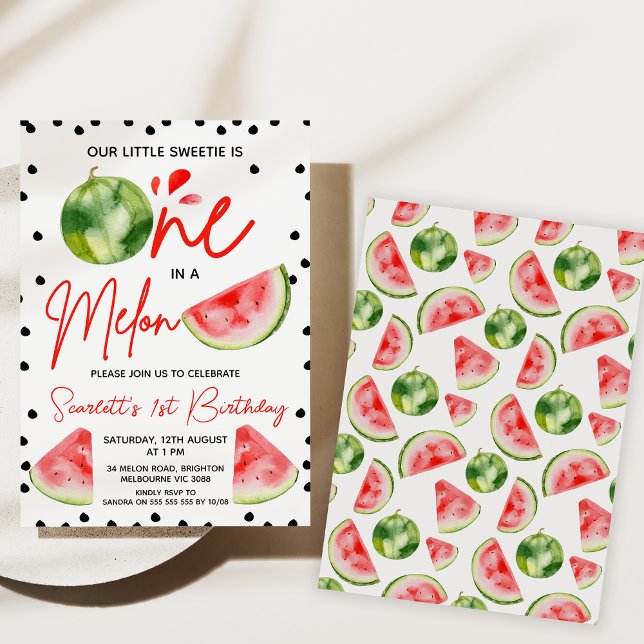 Invitation Red Green Black Modern One In A Melon 1er Annivers (Girls One In A Melon 1st Birthday Invitations, Watermelon invite, Red Melon 1st Birthday Invitations)