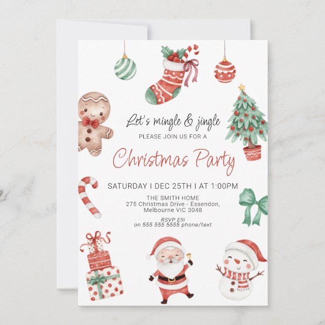 Invitation Red Green Cute Père Noël Christmas Party Invitatio (Devant)