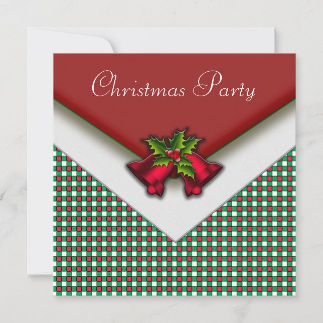 Invitation Red Green En vichy Red Bells Holly Noël Party (Devant)