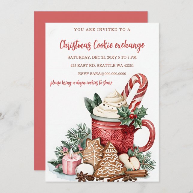 Invitation Red Green Festive Cookie Exchange Christmas Party (Devant / Derrière)