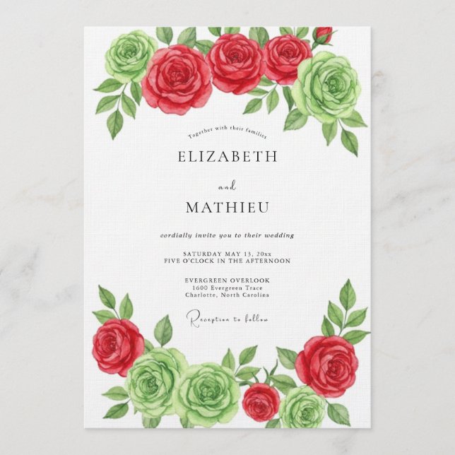 Invitation Red Green Floral Bloom Wedding (Devant)
