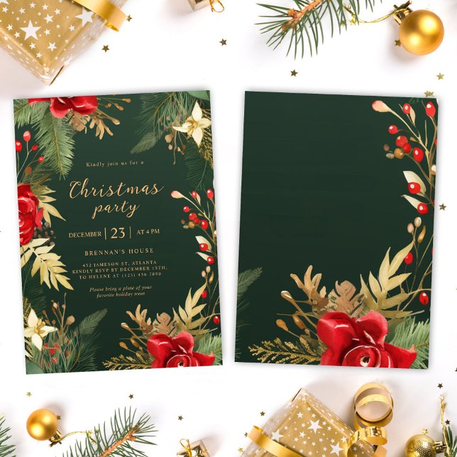 Invitation Red Green Gold Élégante fête de Noël (Red Green Gold Elegant Holiday Christmas Party Invitation)