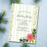 Invitation Red Green Gold Sparkle Poinsettia Fête<br><div class="desc">Green and White Stripe avec éclat doré et une invitation de fête de Noël poinsettia. Tous les champs peuvent être personnalisés.</div>