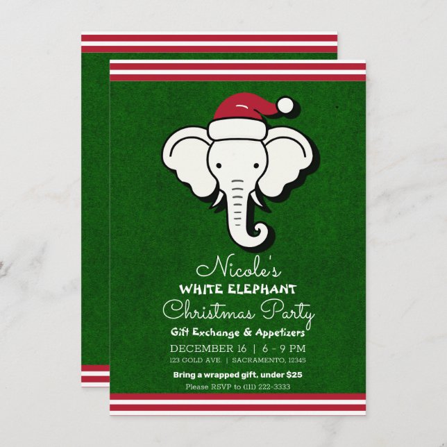 Invitation Red Green White Elephant échange cadeau Noël (Devant / Derrière)