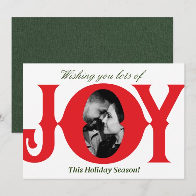 Invitation Red & Green White Holiday JOY Photo Christmas Card (Devant / Derrière)